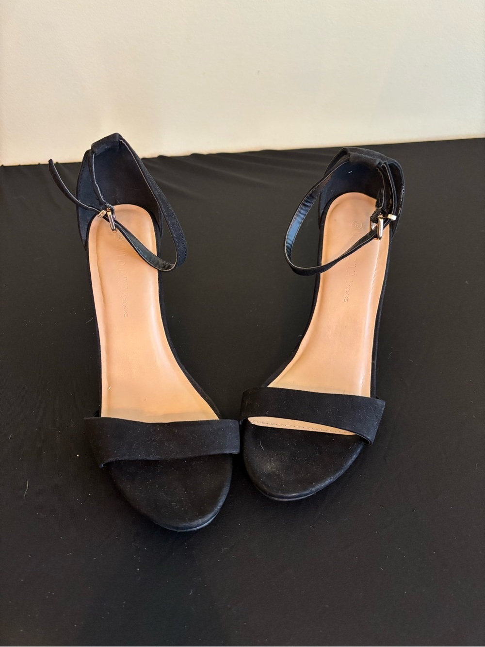 Black Suede Ankle-Strap Mid Heels